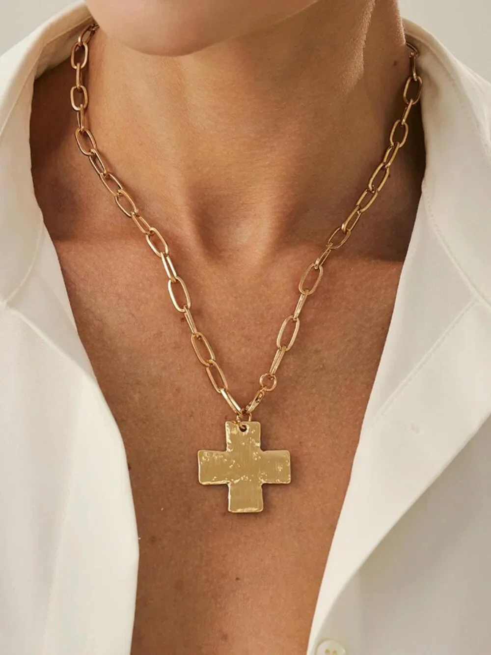 Chunky Gold Cross Necklace for Women, Trendy Layered Pearl Cross Pendant Necklac - Picture 3 of 7